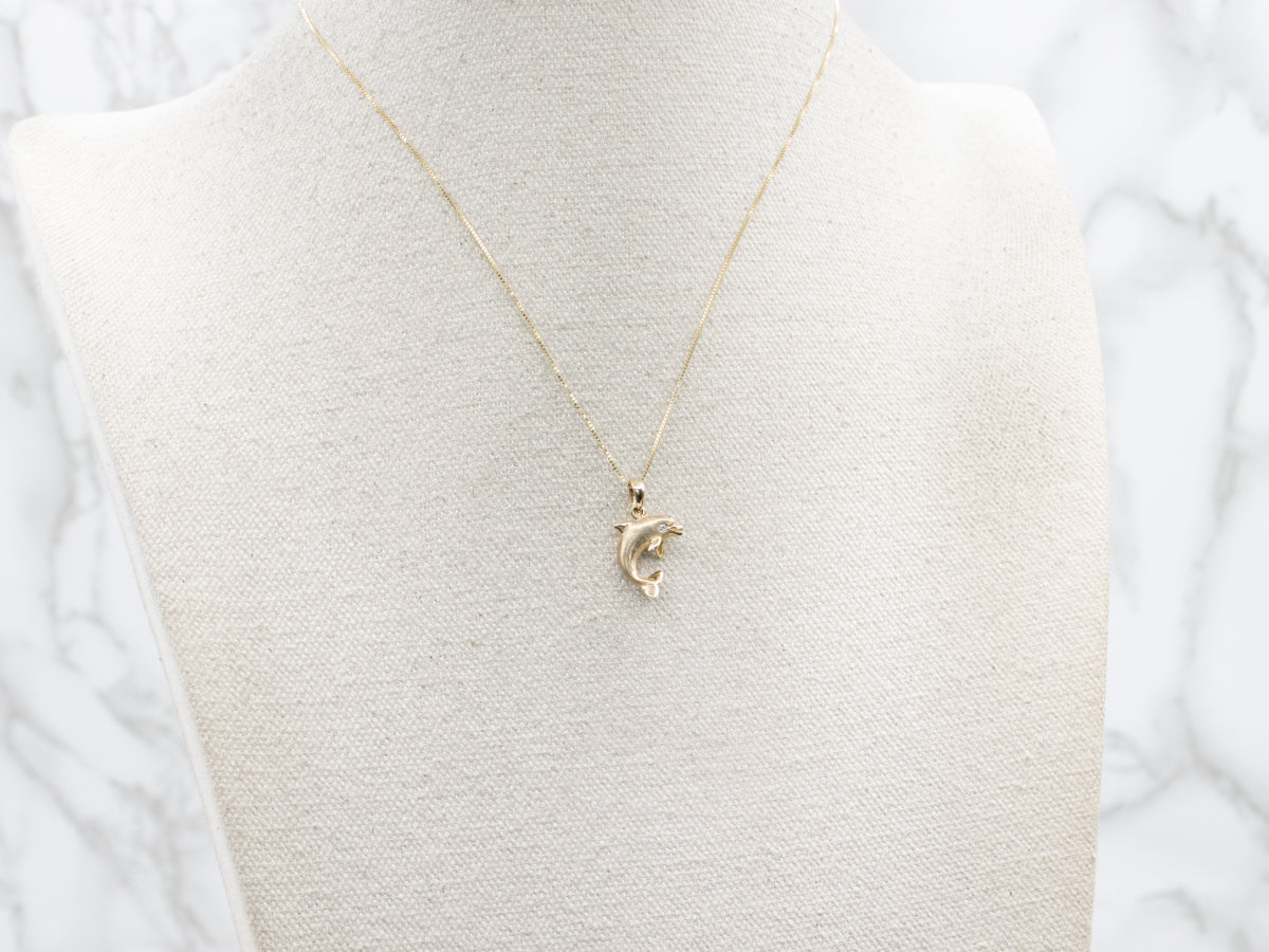 Textured Gold Diamond Dolphin Pendant