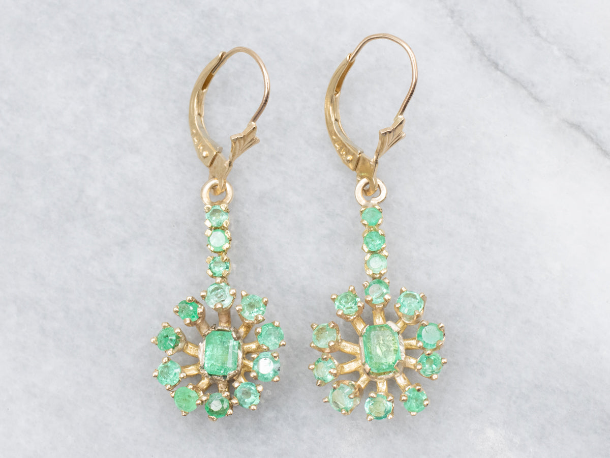 Emerald Cluster Halo Drop Earrings