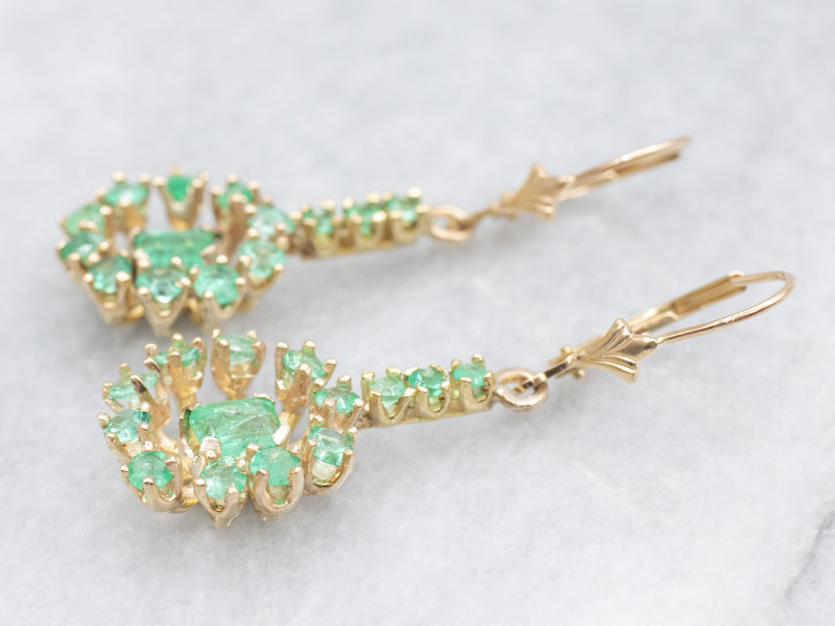 Emerald Cluster Halo Drop Earrings