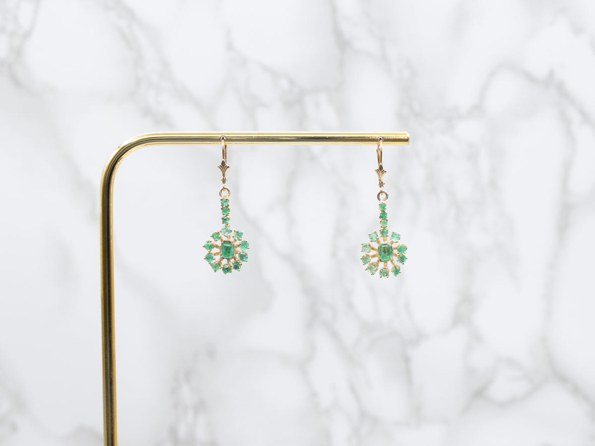 Emerald Cluster Halo Drop Earrings