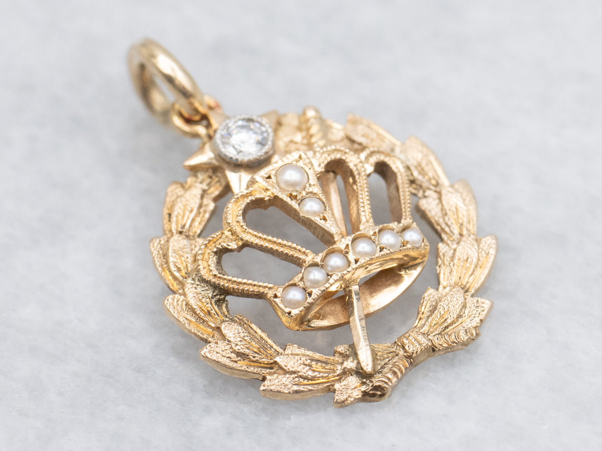 Antique Laurel Wreath Royal Crown Diamond and Pearl Pendant