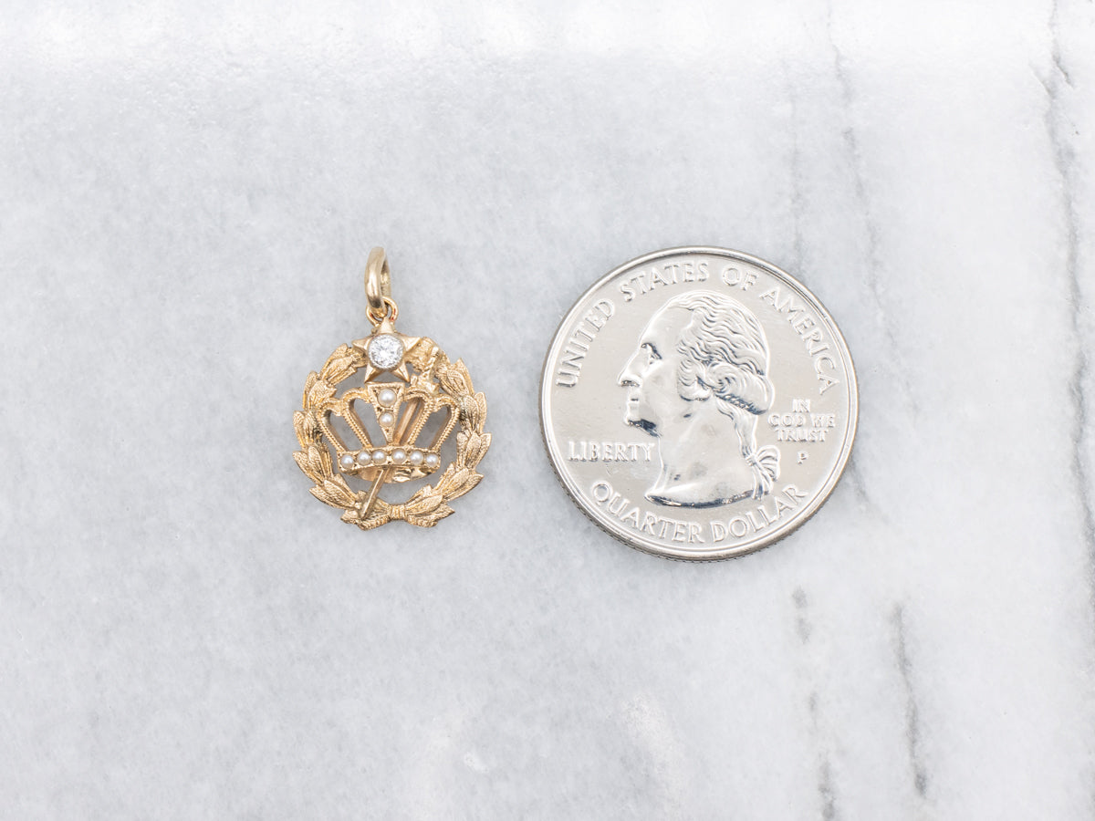 Antique Laurel Wreath Royal Crown Diamond and Pearl Pendant