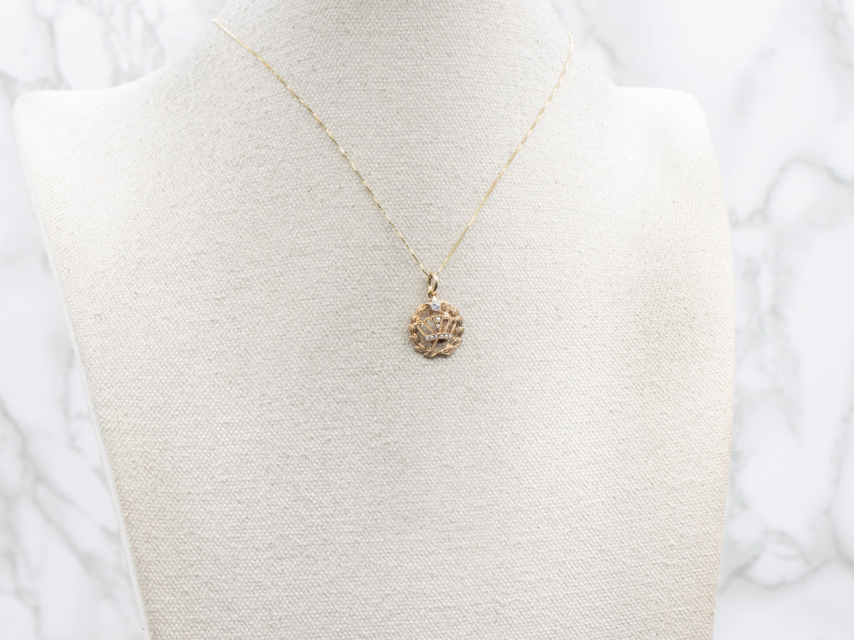 Antique Laurel Wreath Royal Crown Diamond and Pearl Pendant