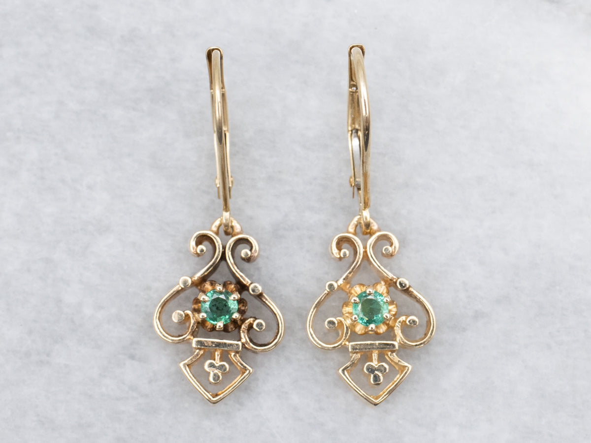 Scrolling Gold and Emerald Drop Earrings