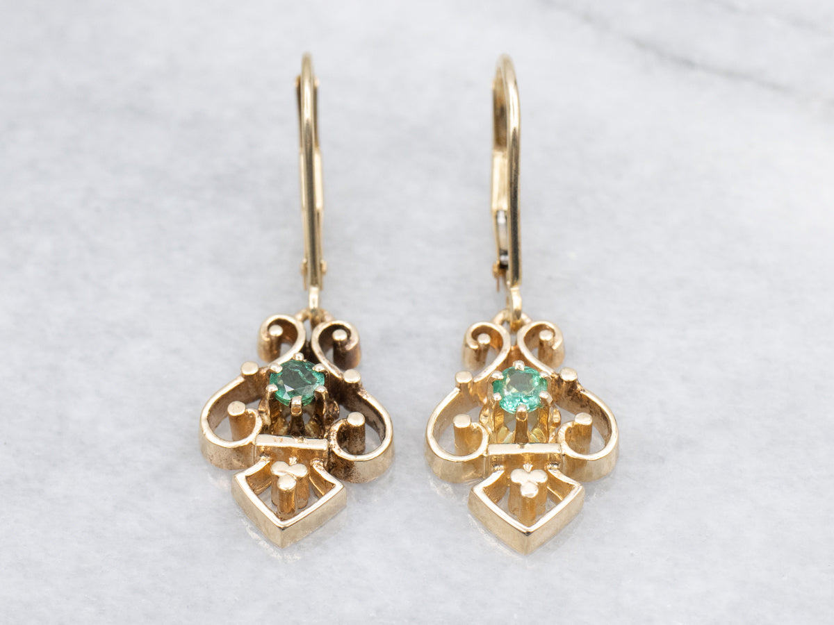 Scrolling Gold and Emerald Drop Earrings