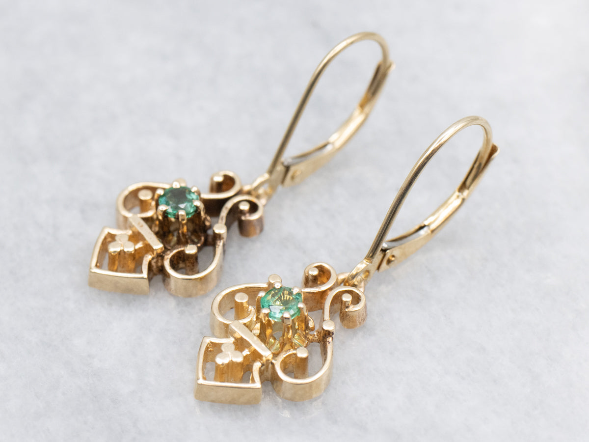 Scrolling Gold and Emerald Drop Earrings