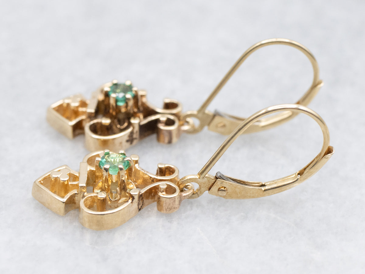 Scrolling Gold and Emerald Drop Earrings