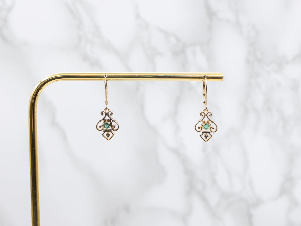 Scrolling Gold and Emerald Drop Earrings