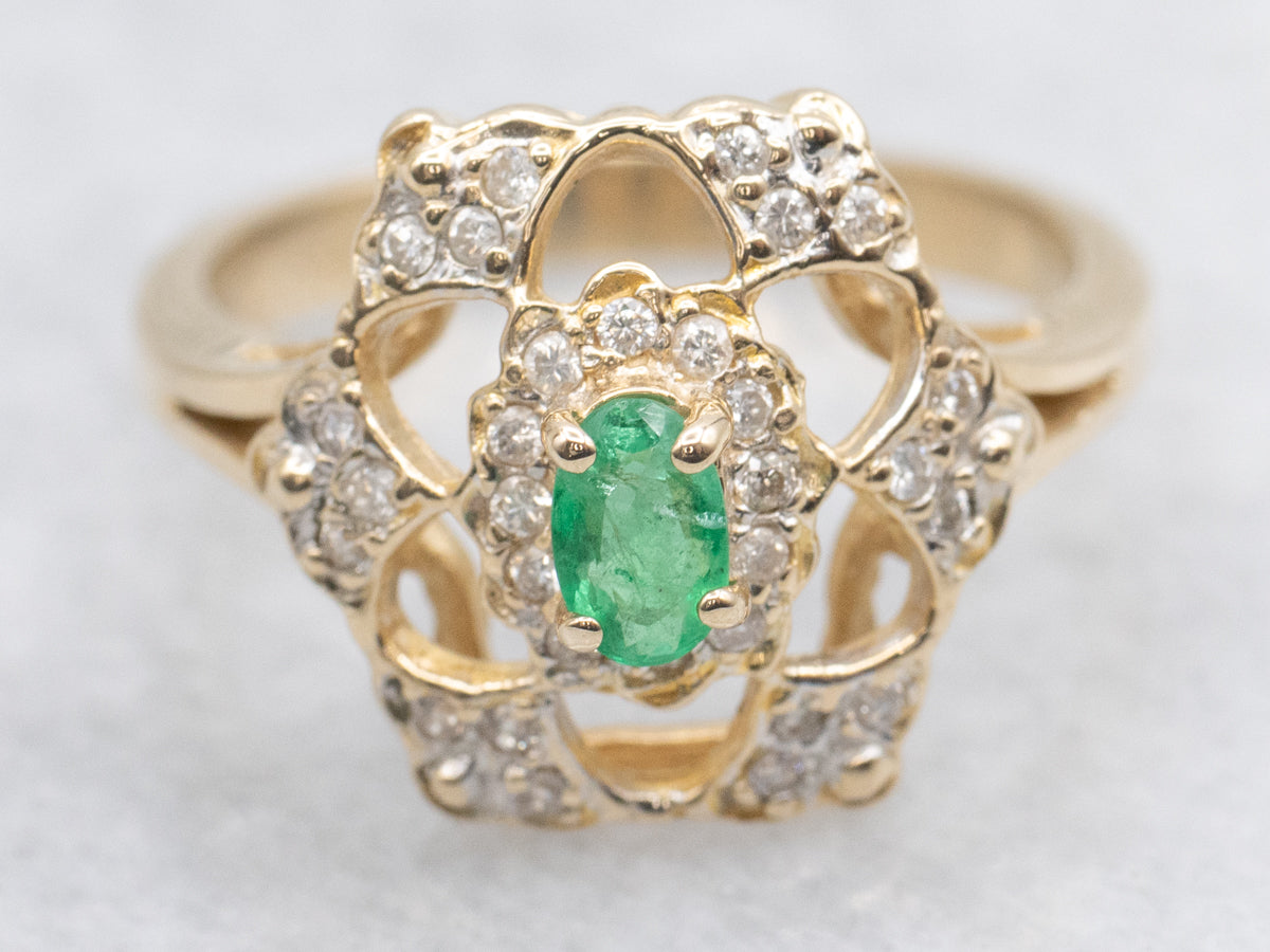 Emerald and Diamond Vintage Gold Halo Ring