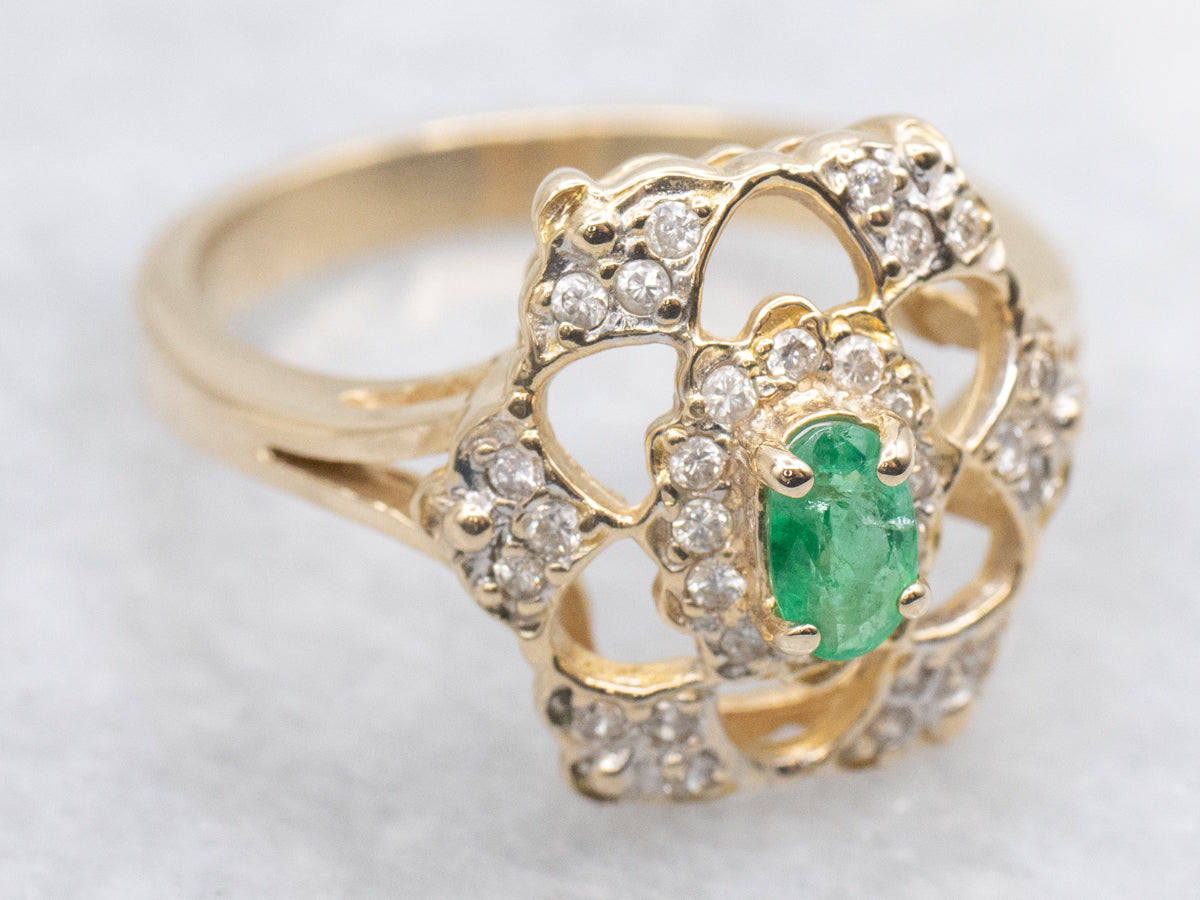 Emerald and Diamond Vintage Gold Halo Ring