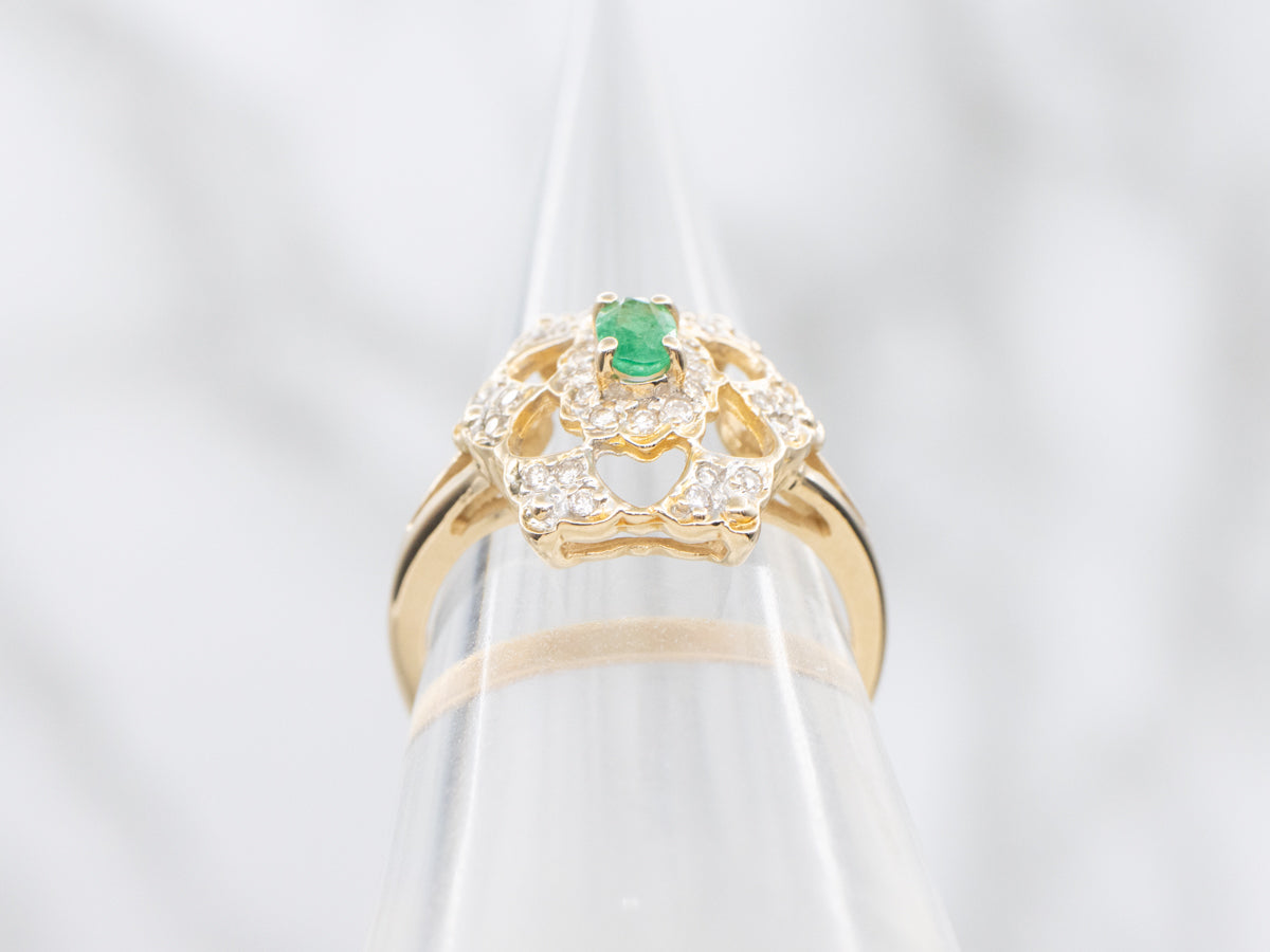 Emerald and Diamond Vintage Gold Halo Ring