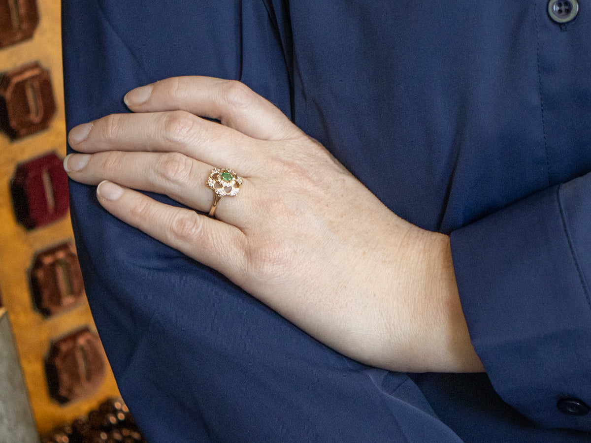 Emerald and Diamond Vintage Gold Halo Ring