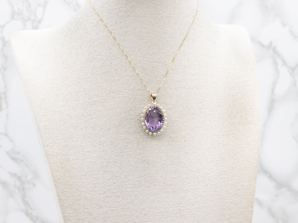Stunning Amethyst and Pearl Halo Pendant