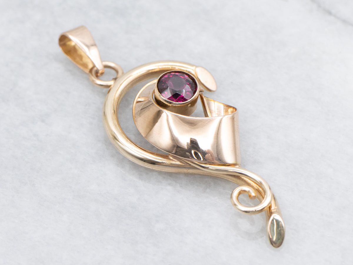 Swirling Retro-Era Garnet Two Tone Pendant