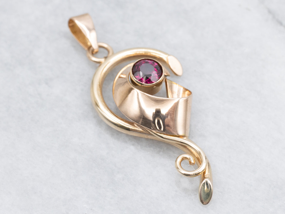 Swirling Retro-Era Garnet Two Tone Pendant