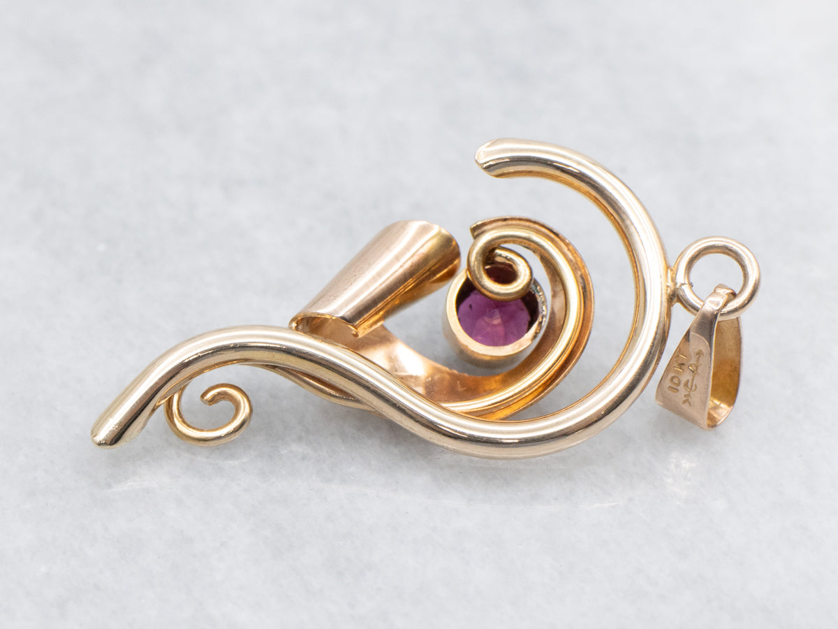 Swirling Retro-Era Garnet Two Tone Pendant