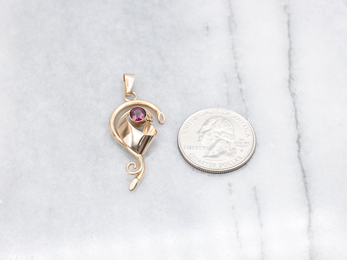 Swirling Retro-Era Garnet Two Tone Pendant