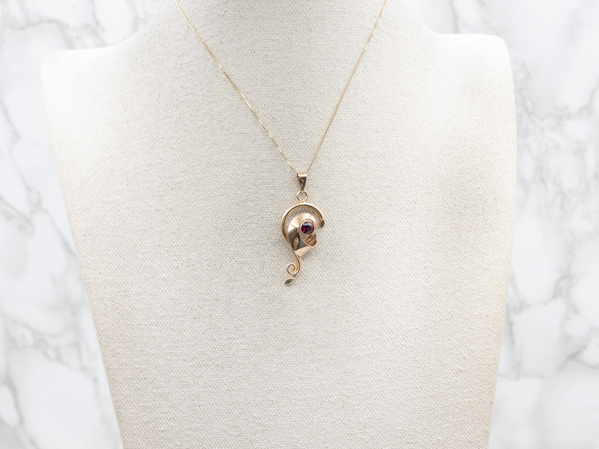 Swirling Retro-Era Garnet Two Tone Pendant