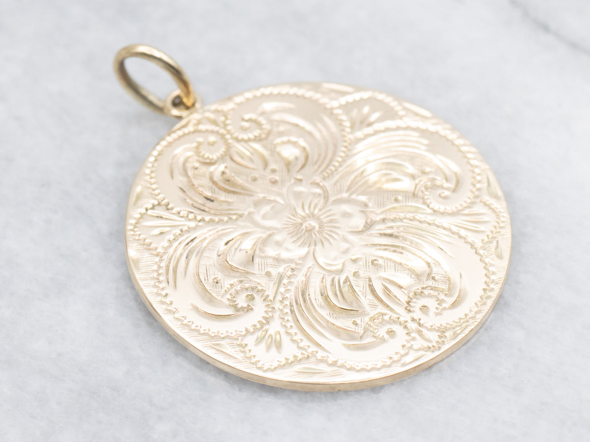Large Engraved Gold Floral Pendant