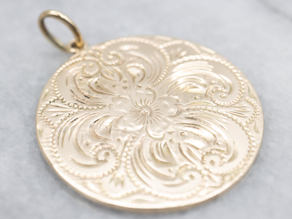 Large Engraved Gold Floral Pendant