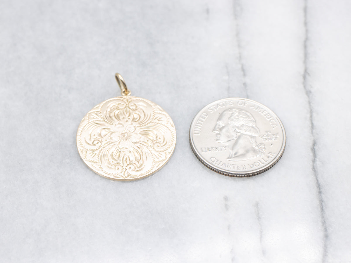 Large Engraved Gold Floral Pendant