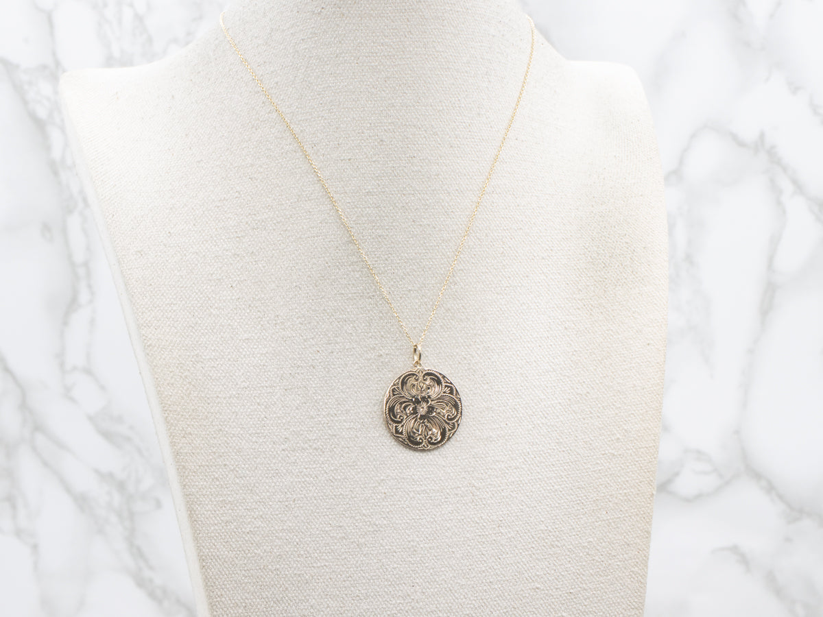 Large Engraved Gold Floral Pendant