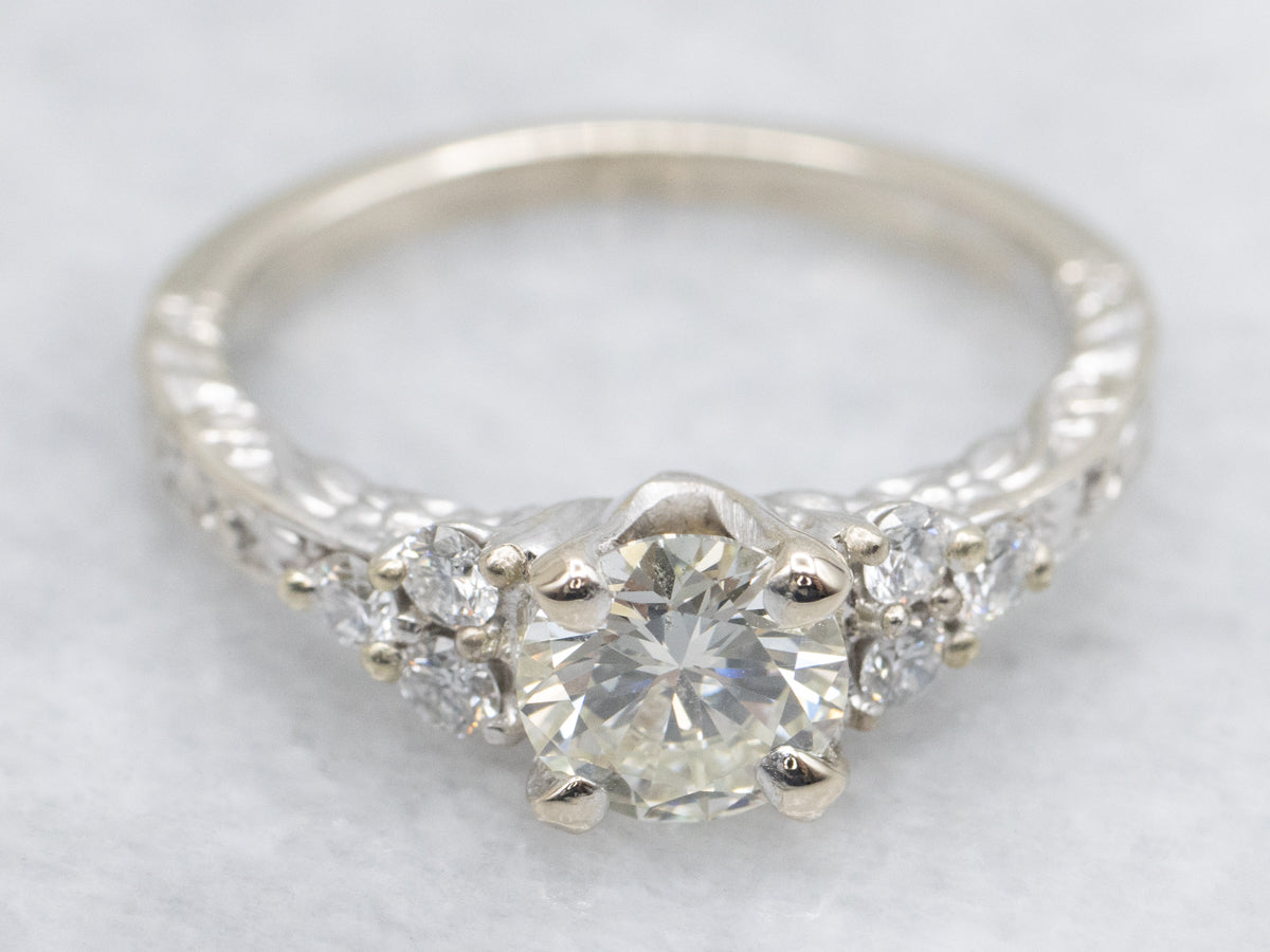 Ornately Engraved Brilliant Diamond Engagement Ring