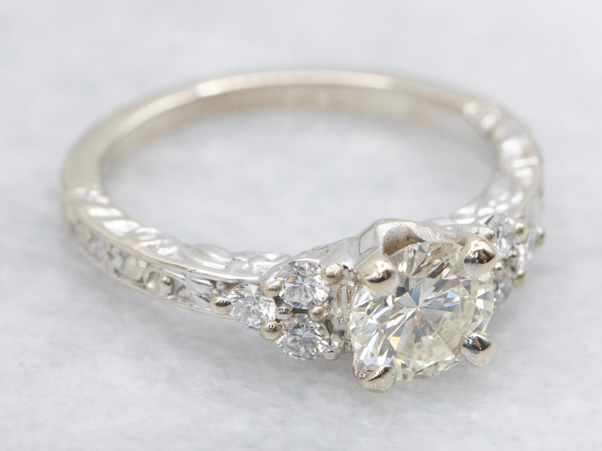 Ornately Engraved Brilliant Diamond Engagement Ring