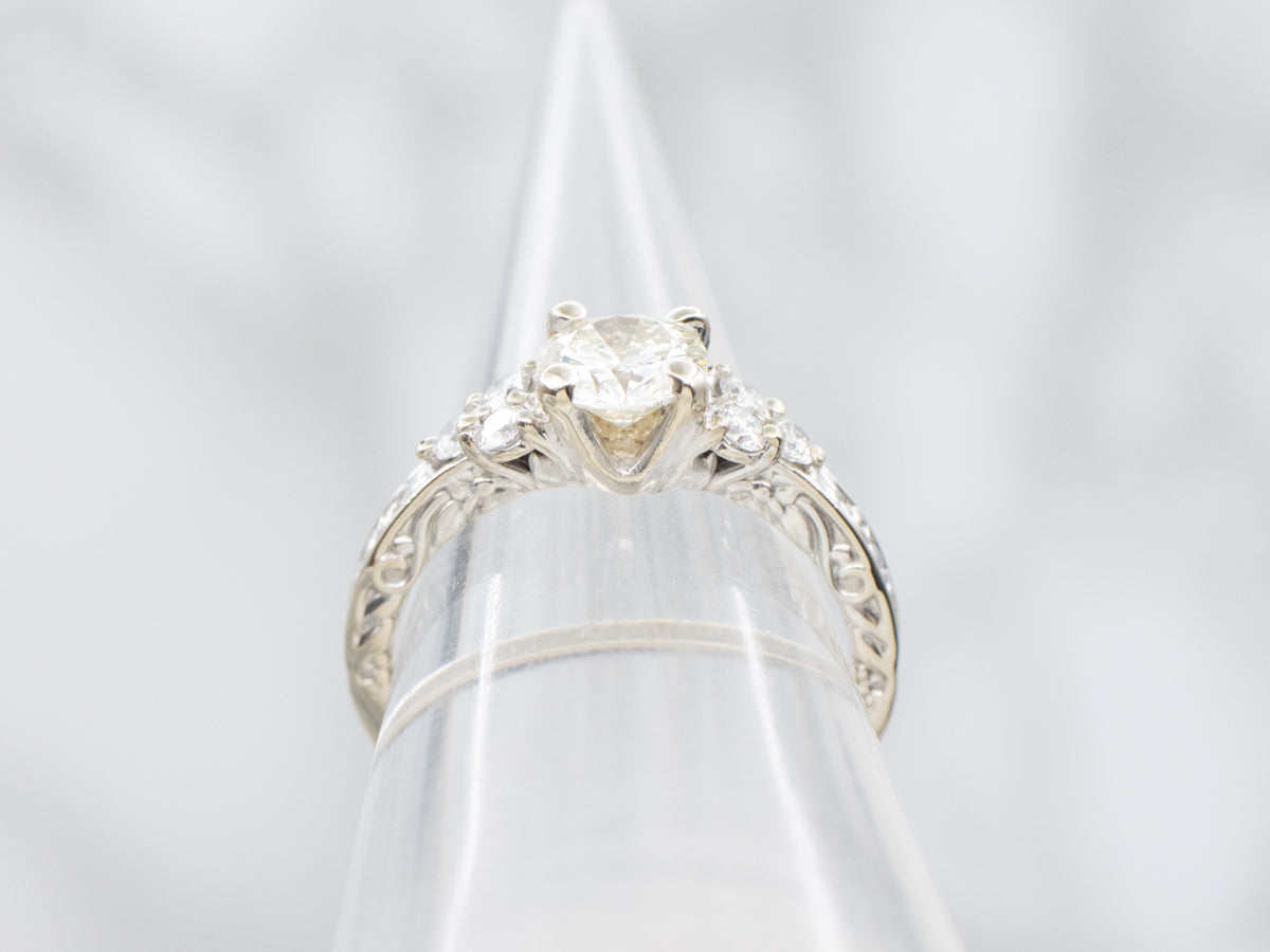 Ornately Engraved Brilliant Diamond Engagement Ring