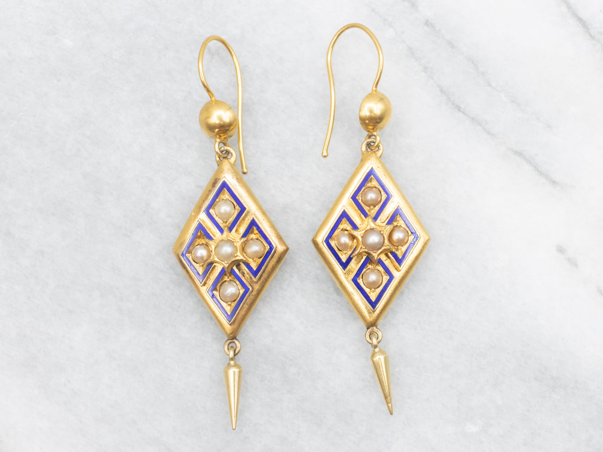Victorian Bloomed Gold Pearl and Enamel Drop Earrings