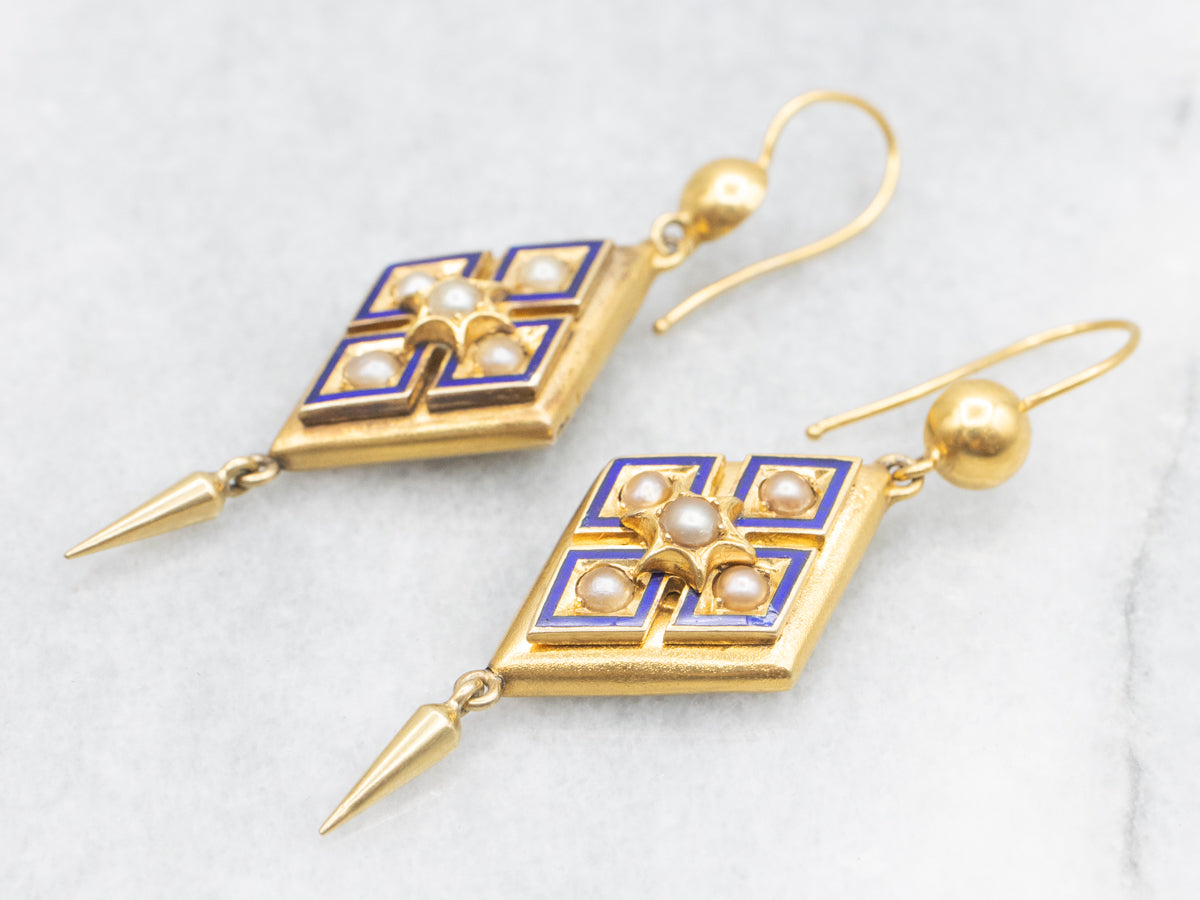 Victorian Bloomed Gold Pearl and Enamel Drop Earrings