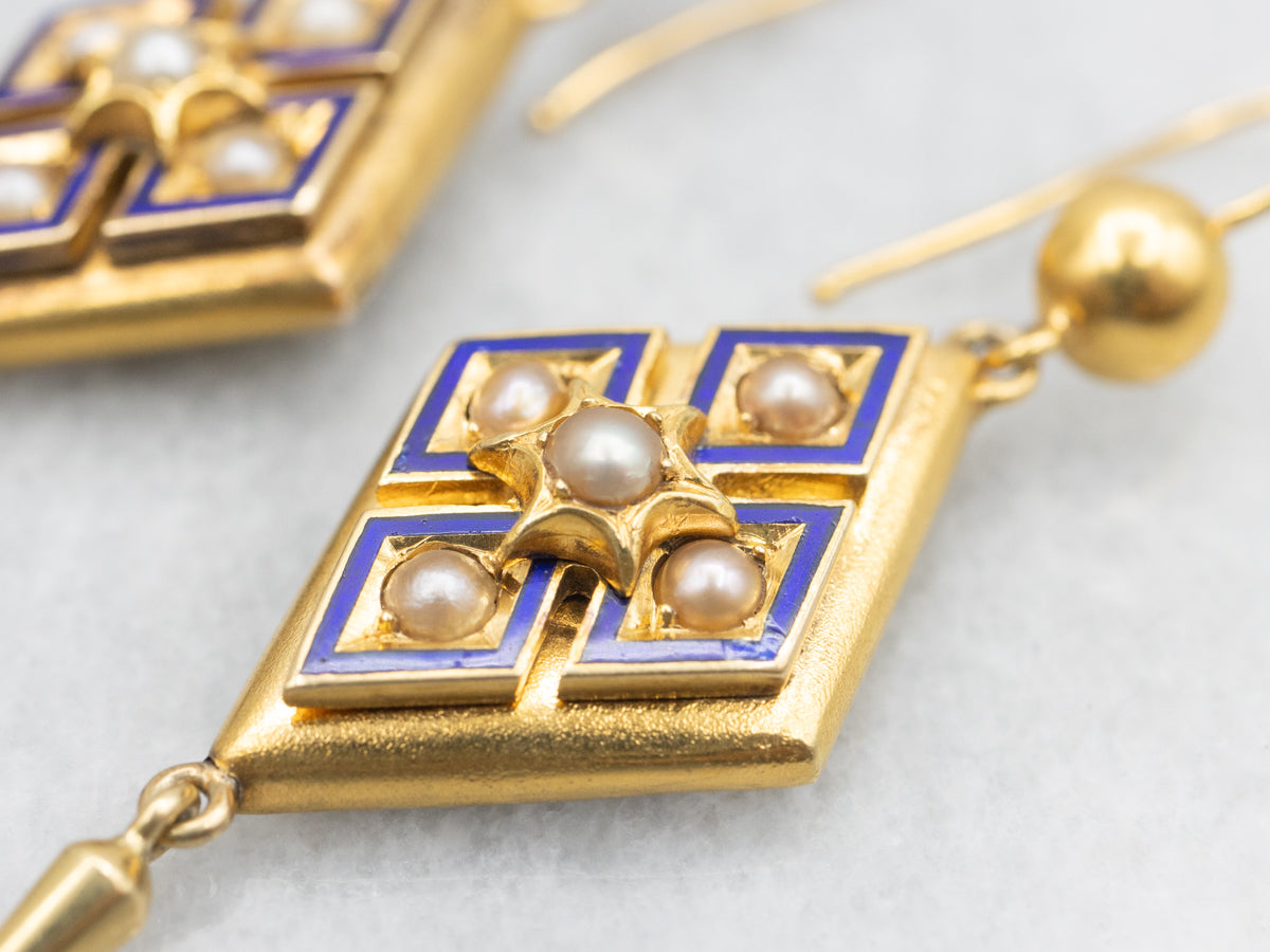 Victorian Bloomed Gold Pearl and Enamel Drop Earrings