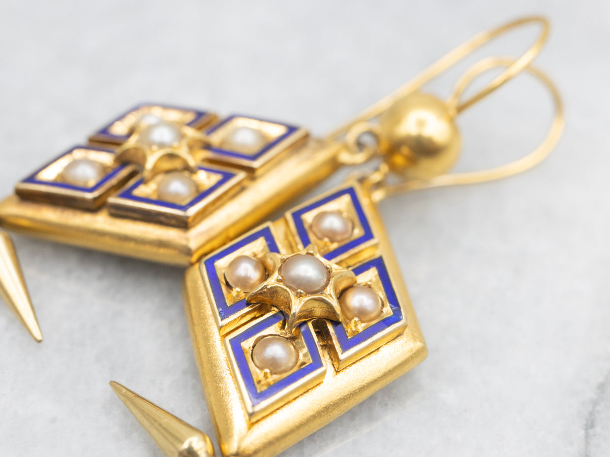 Victorian Bloomed Gold Pearl and Enamel Drop Earrings