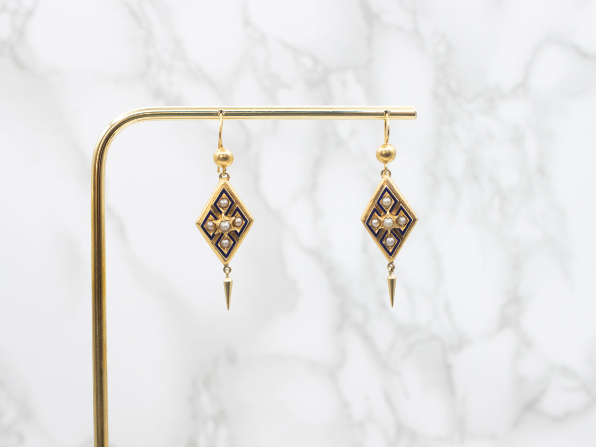 Victorian Bloomed Gold Pearl and Enamel Drop Earrings