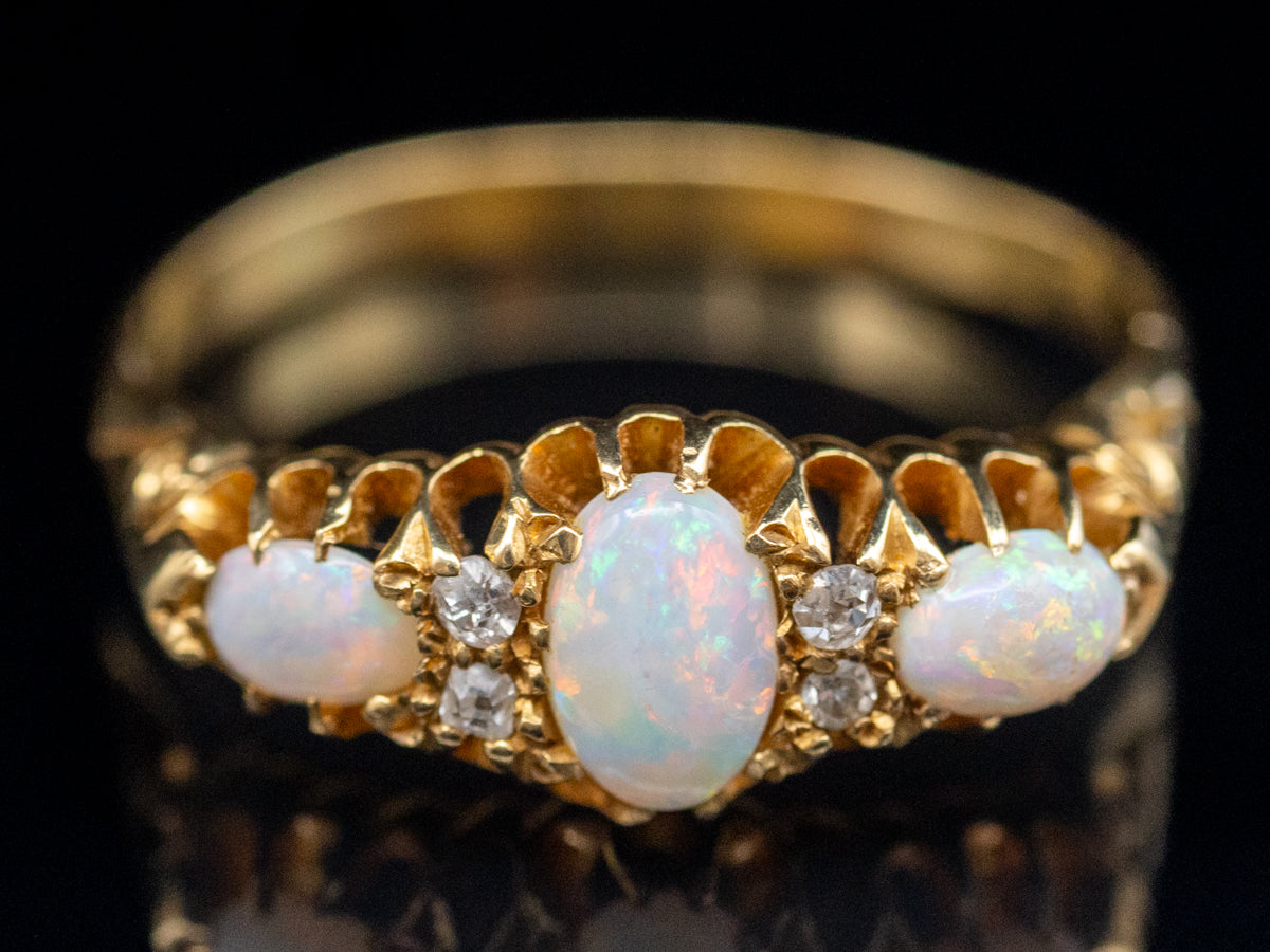 Circa 1890s Opal and Antique Cut Diamond Bloomed Gold Ring