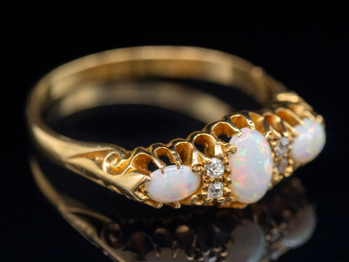 Circa 1890s Opal and Antique Cut Diamond Bloomed Gold Ring