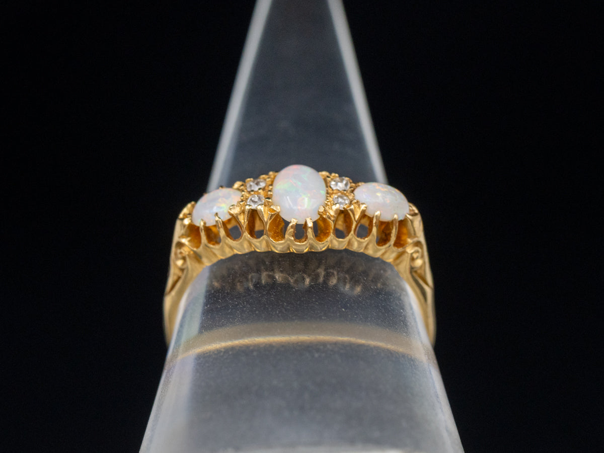 Circa 1890s Opal and Antique Cut Diamond Bloomed Gold Ring