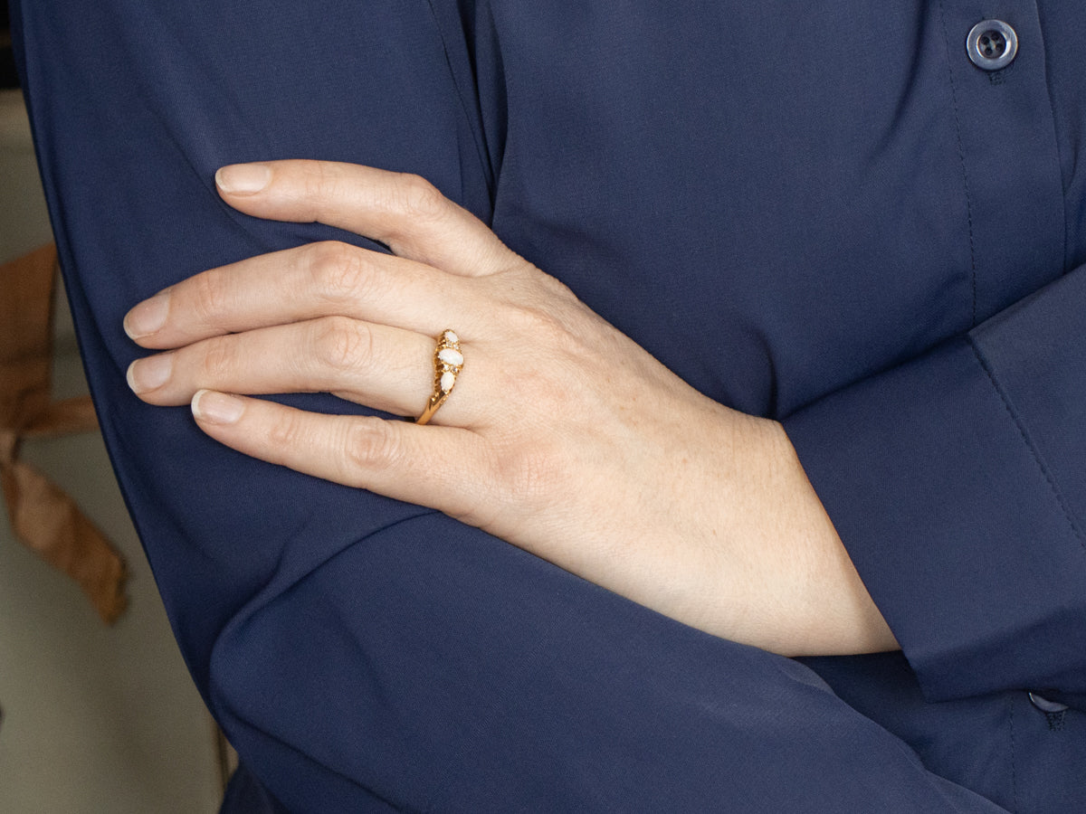Circa 1890s Opal and Antique Cut Diamond Bloomed Gold Ring