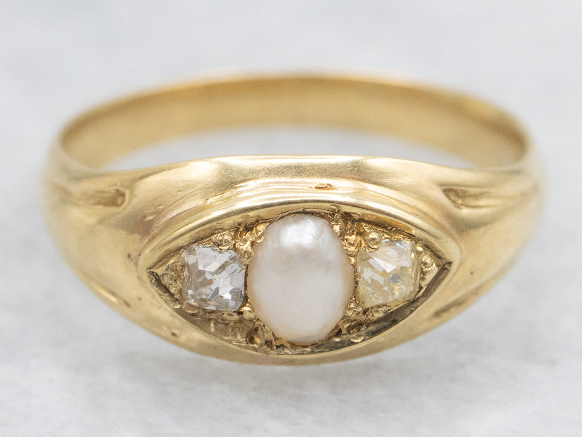 Victorian Bloomed Gold Pearl and Old Mine Cut Diamond Ring