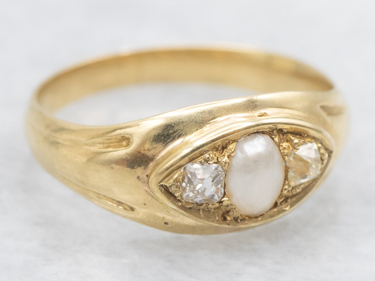 Victorian Bloomed Gold Pearl and Old Mine Cut Diamond Ring