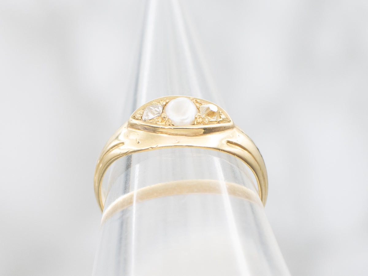 Victorian Bloomed Gold Pearl and Old Mine Cut Diamond Ring