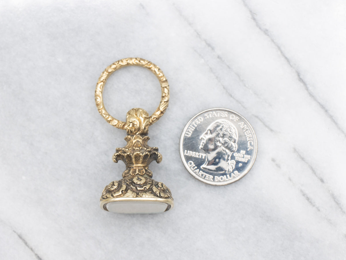 Ornate Antique White Quartz Gold Fob Pendant