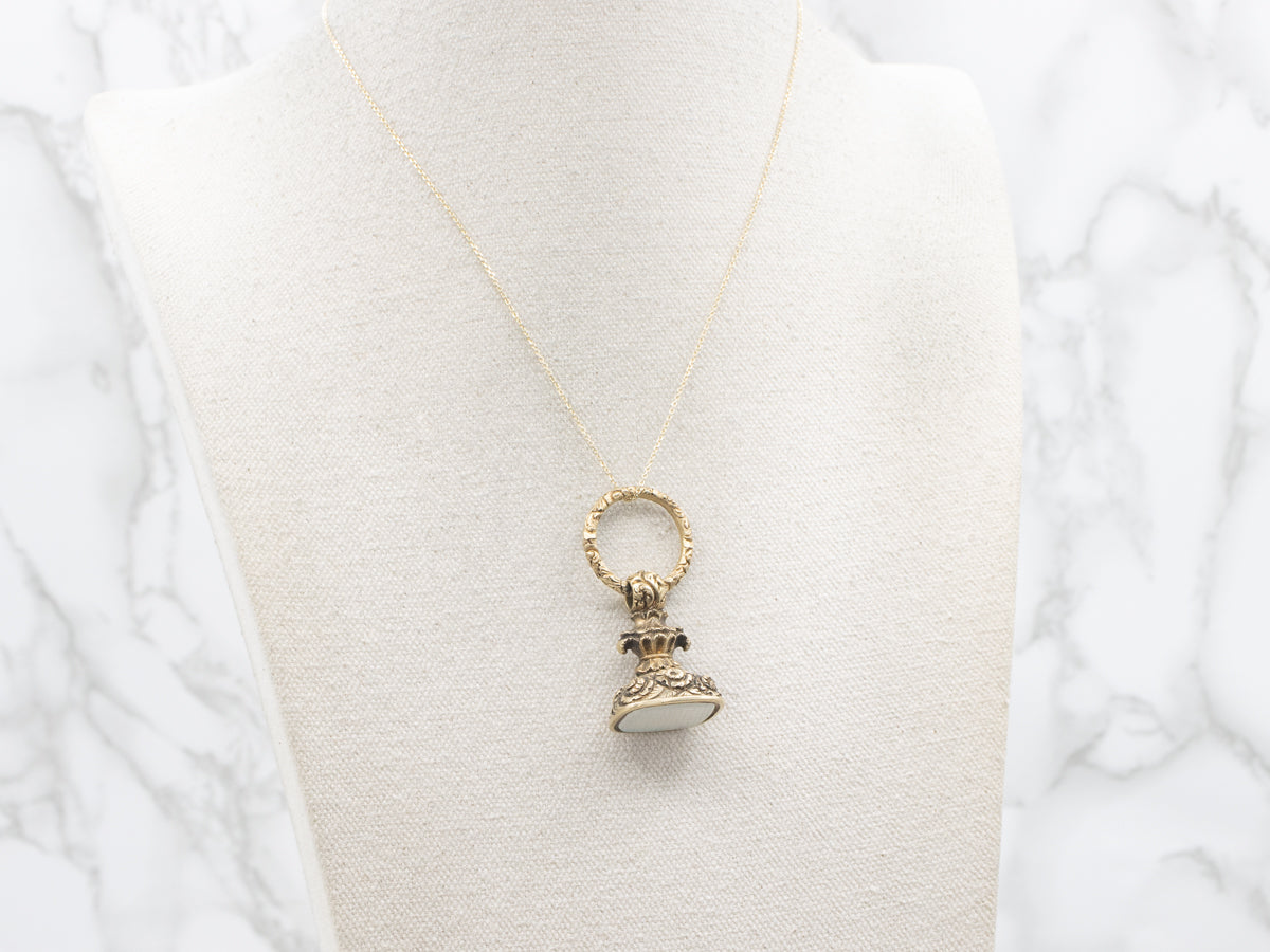 Ornate Antique White Quartz Gold Fob Pendant