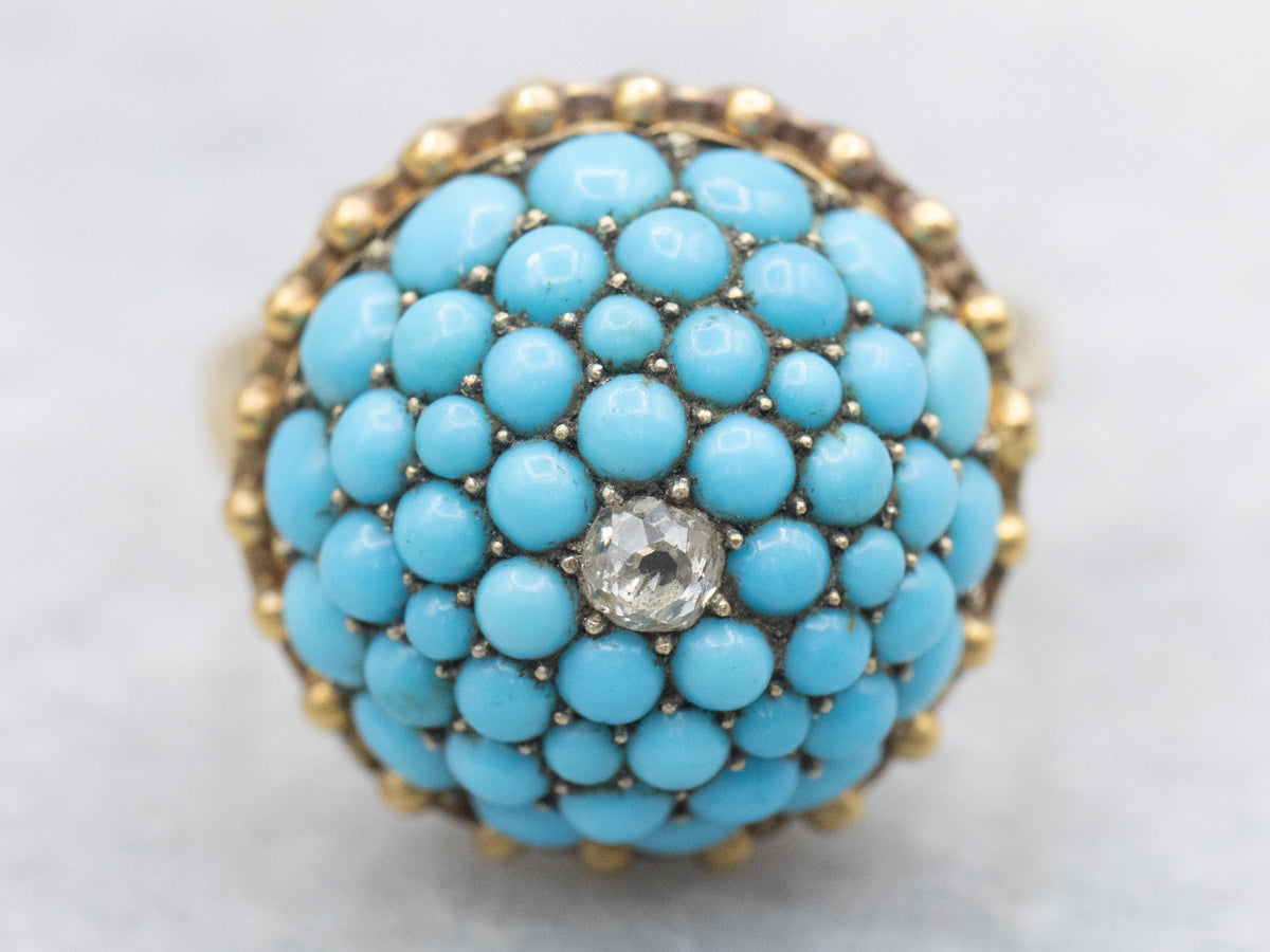 Circa 1870s Old Mine Cut Diamond and Petit Point Turquoise Cluster Ring