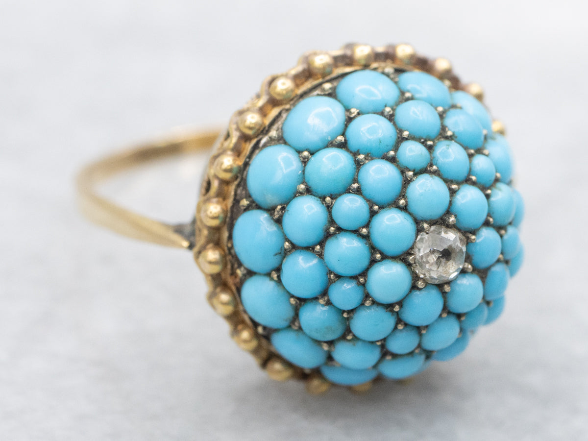 Circa 1870s Old Mine Cut Diamond and Petit Point Turquoise Cluster Rin