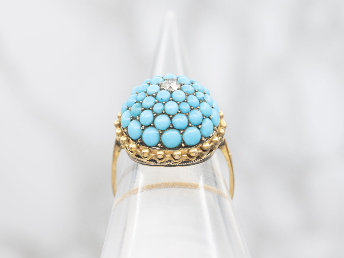 Circa 1870s Old Mine Cut Diamond and Petit Point Turquoise Cluster Ring