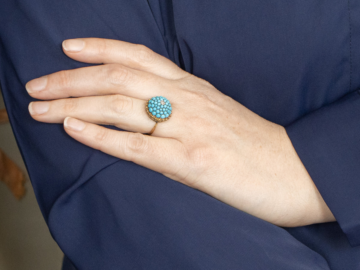 Circa 1870s Old Mine Cut Diamond and Petit Point Turquoise Cluster Ring