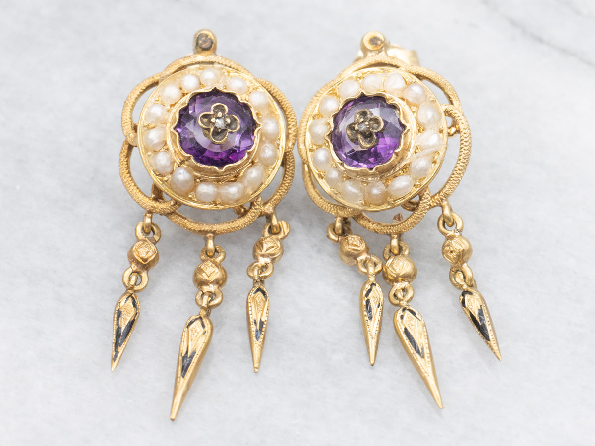 Amethyst Diamond and Pearl Circa 1870s Rose of Sharon Drop Earrings