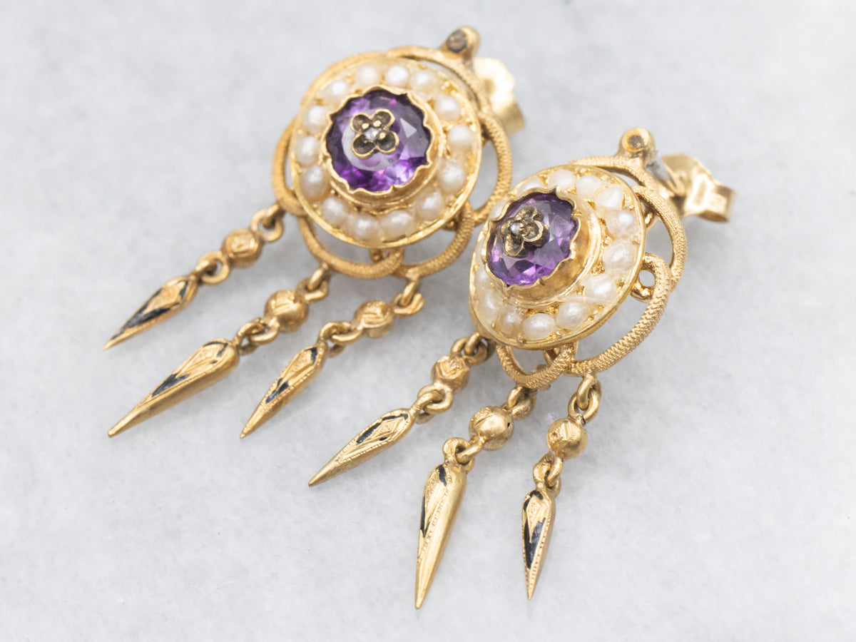 Amethyst Diamond and Pearl Circa 1870s Rose of Sharon Drop Earrings