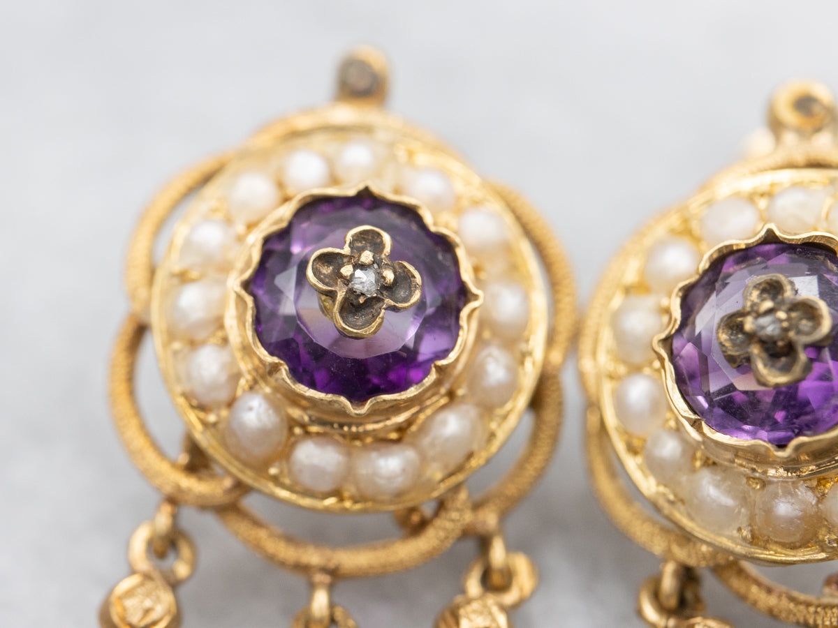 Amethyst Diamond and Pearl Circa 1870s Rose of Sharon Drop Earrings